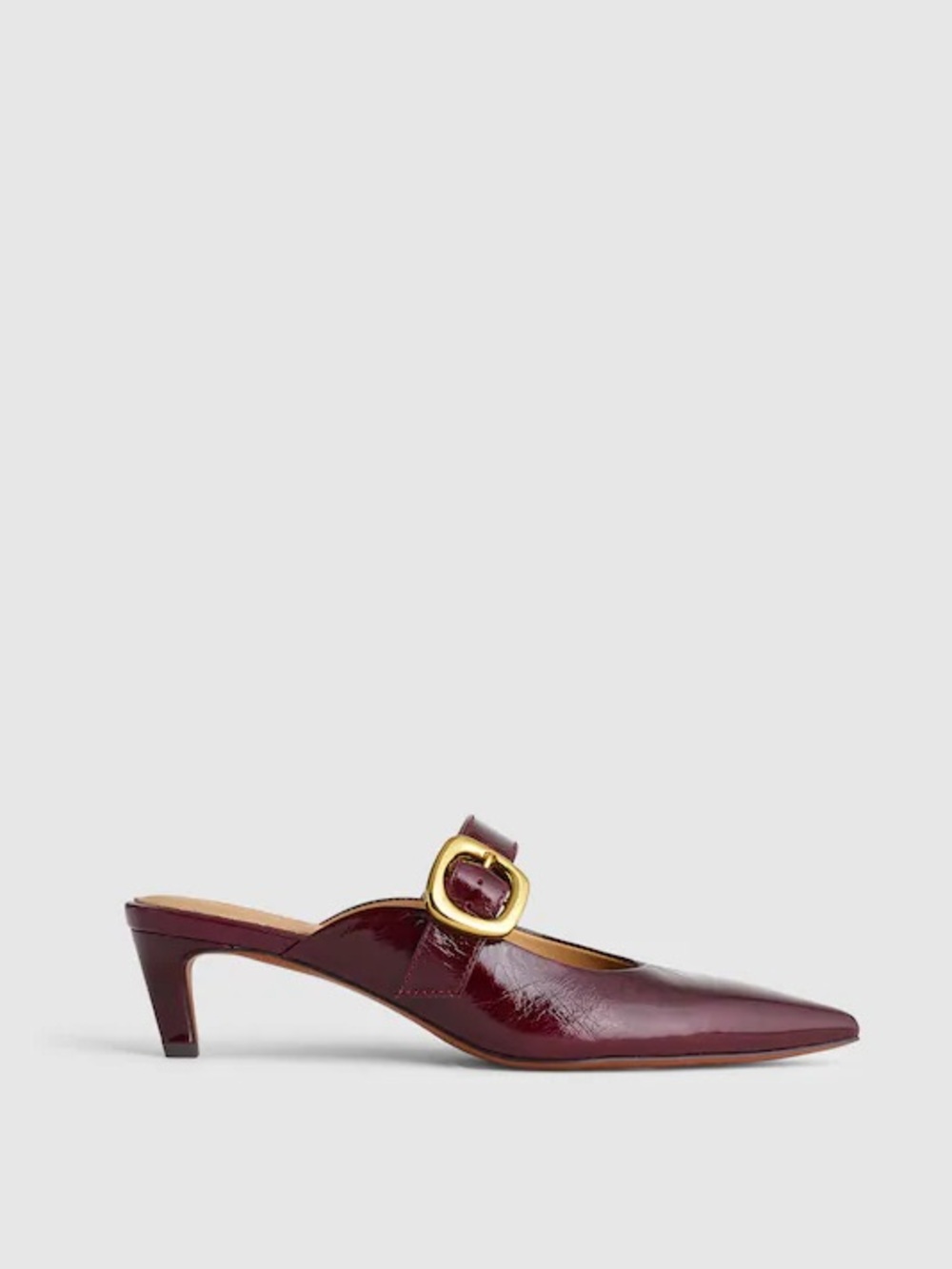 Madewell Burgundy Patent Pointed Mary Jane Mules with Gold Buckle - Picture 2 of 9